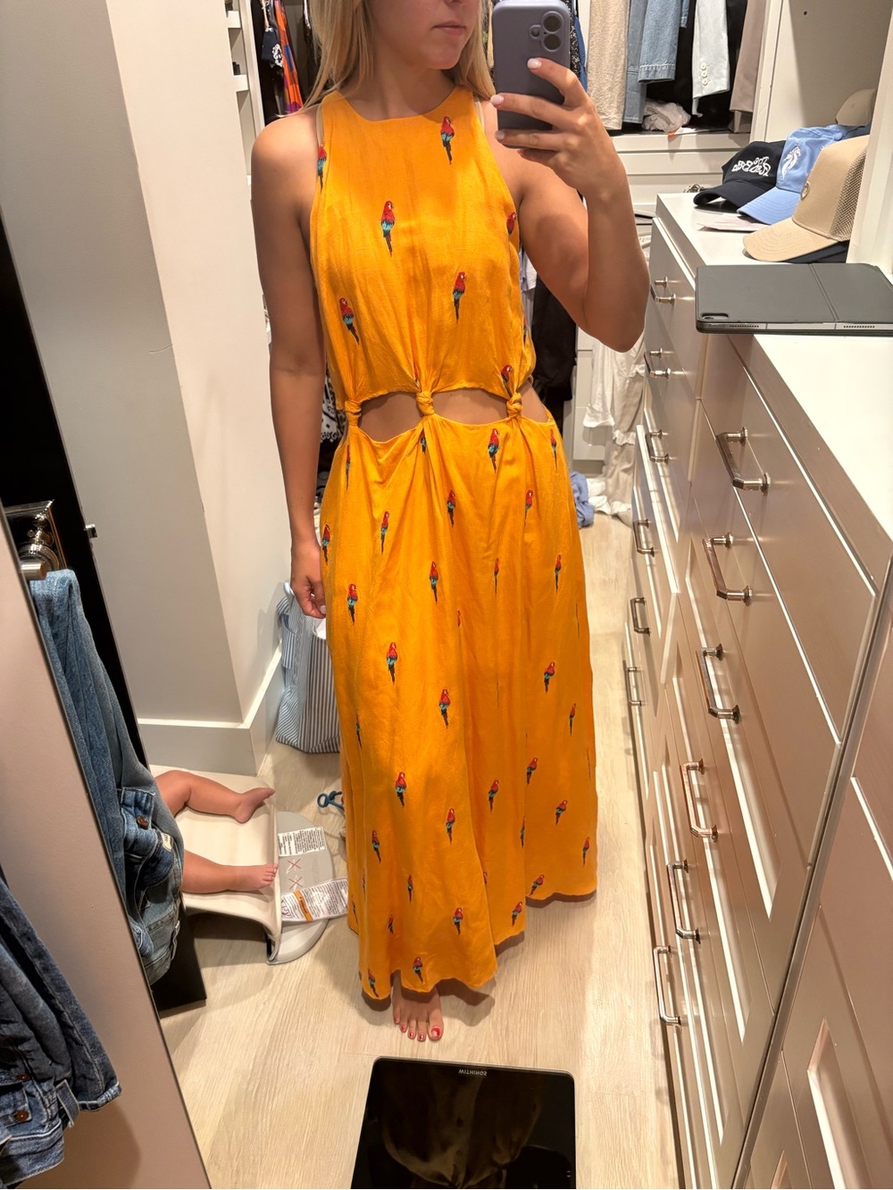 FARM Rio Orange Parrot-Print Cutout Midi Dress - Picture 2 of 4